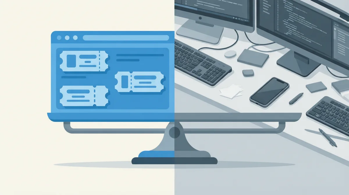 Service desk simulator screen compared side by side with a real IT support desk